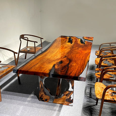 Elite Red Golden Camphor Wood & Transparent Epoxy Resin Dining Table ECT-148