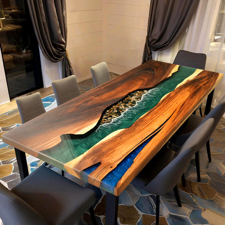Elite Modern Natural Pebble Beach Resin & Walnut Table ECT-124