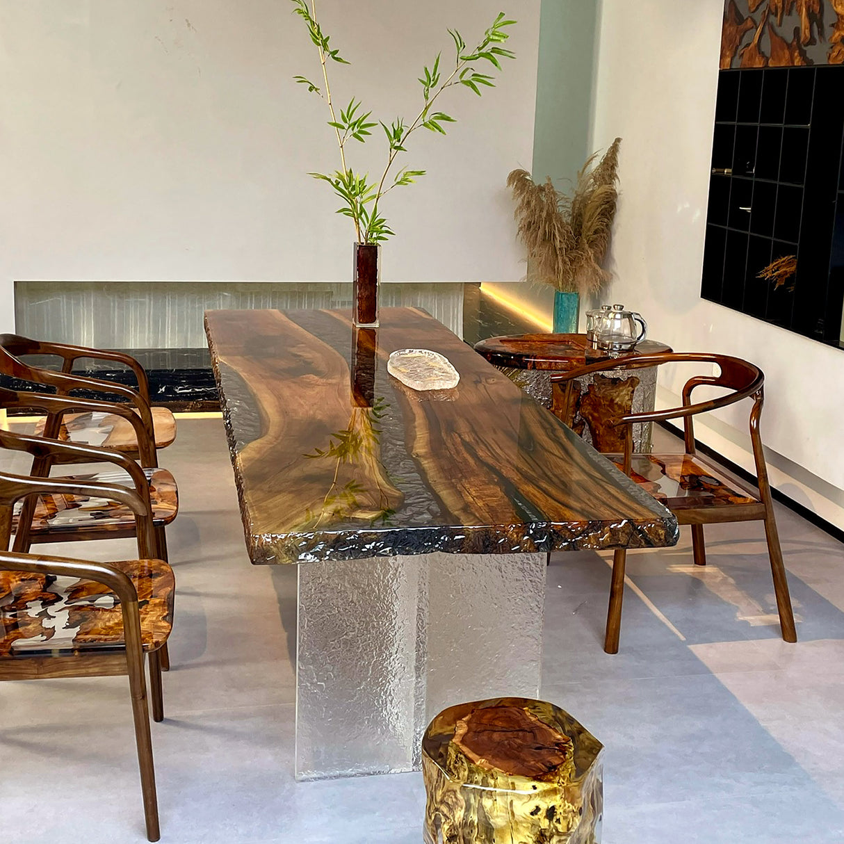 Elite Black Walnut & Transparent Black - Gray Crystal Epoxy Resin Dining Table ECT-154