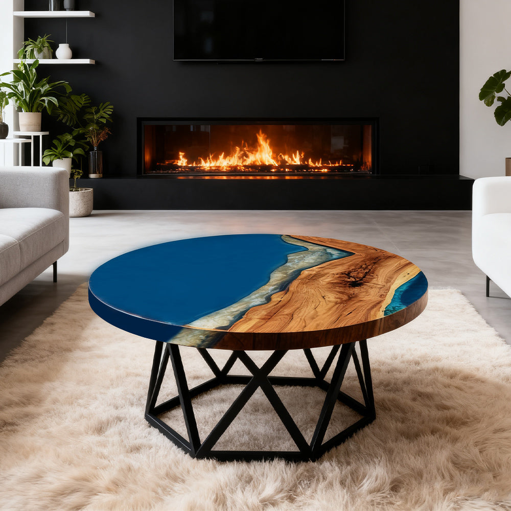 Elite Walnut Royal Blue Ocean Epoxy Round Dinner Table ECT-255