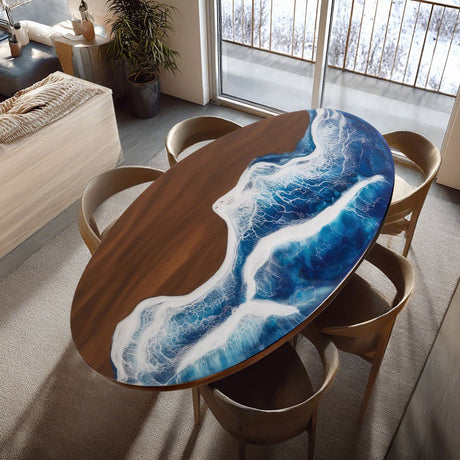 Elite Oval Black Walnut Dining Table with Ocean - Wave Blue Resin Inlay ECT-246