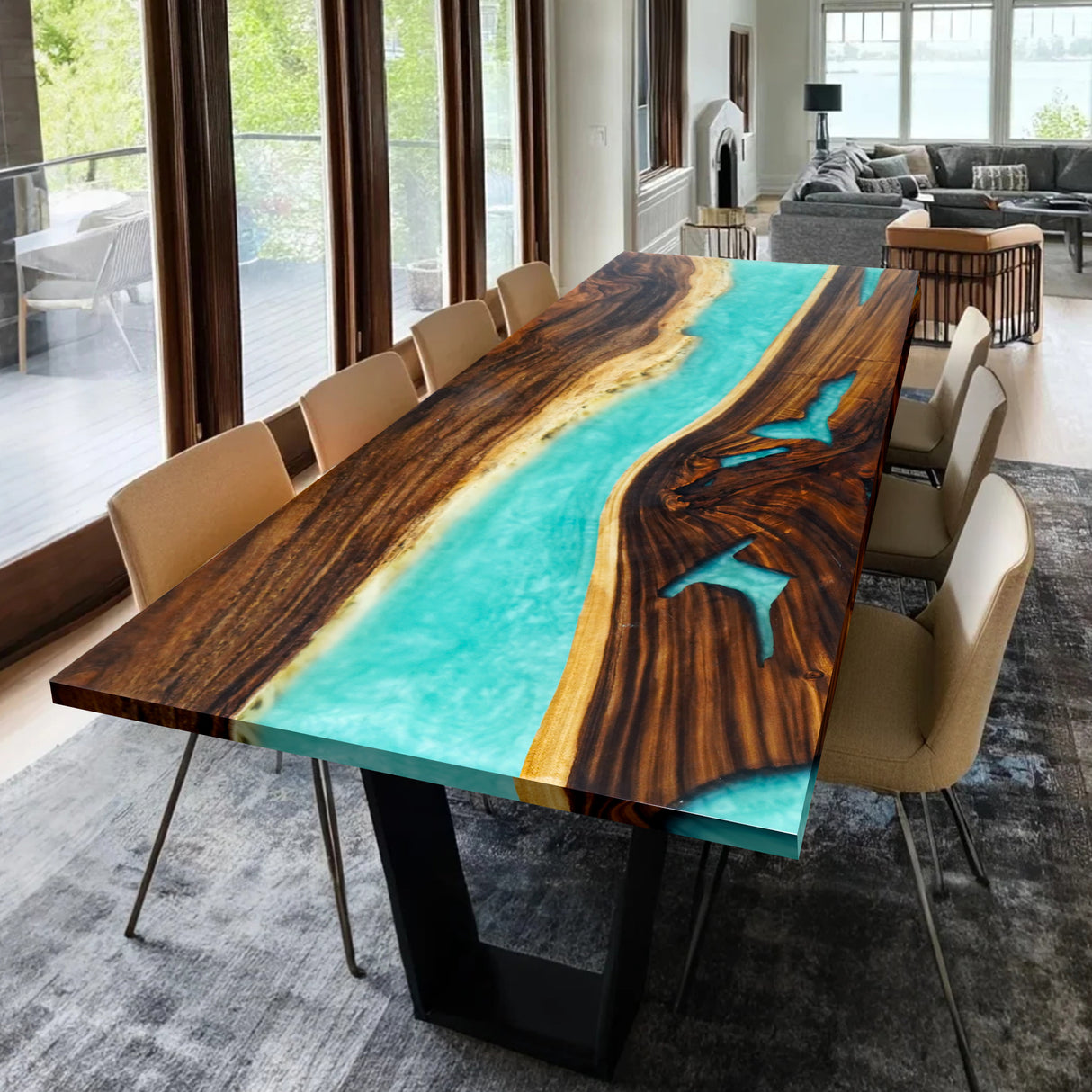 Elite Custom Walnut Resin Dining Table with Turquoise Resin Vein ECT-86