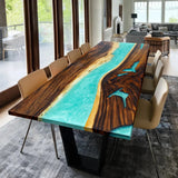 Elite Custom Walnut Resin Dining Table with Turquoise Resin Vein ECT-86