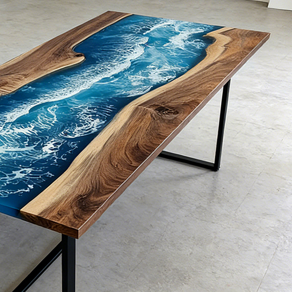 Elite Walnut Blue Epoxy River Rectangular Resin Dining Table – Modern Handmade Design ECT-271