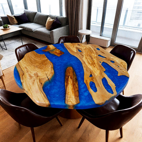 Elite Olive Wood with Flowing Ocean Blue Epoxy Resin Irregular Live - Edge Round Coffee & Dining Table ECT-184