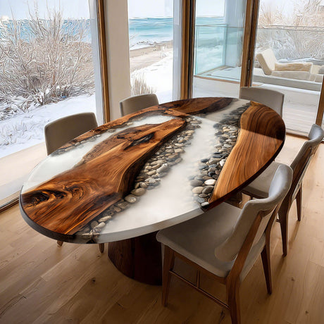 Elite Oval Black Walnut Dining Table with Stream - Stone Resin Inlay ECT-248