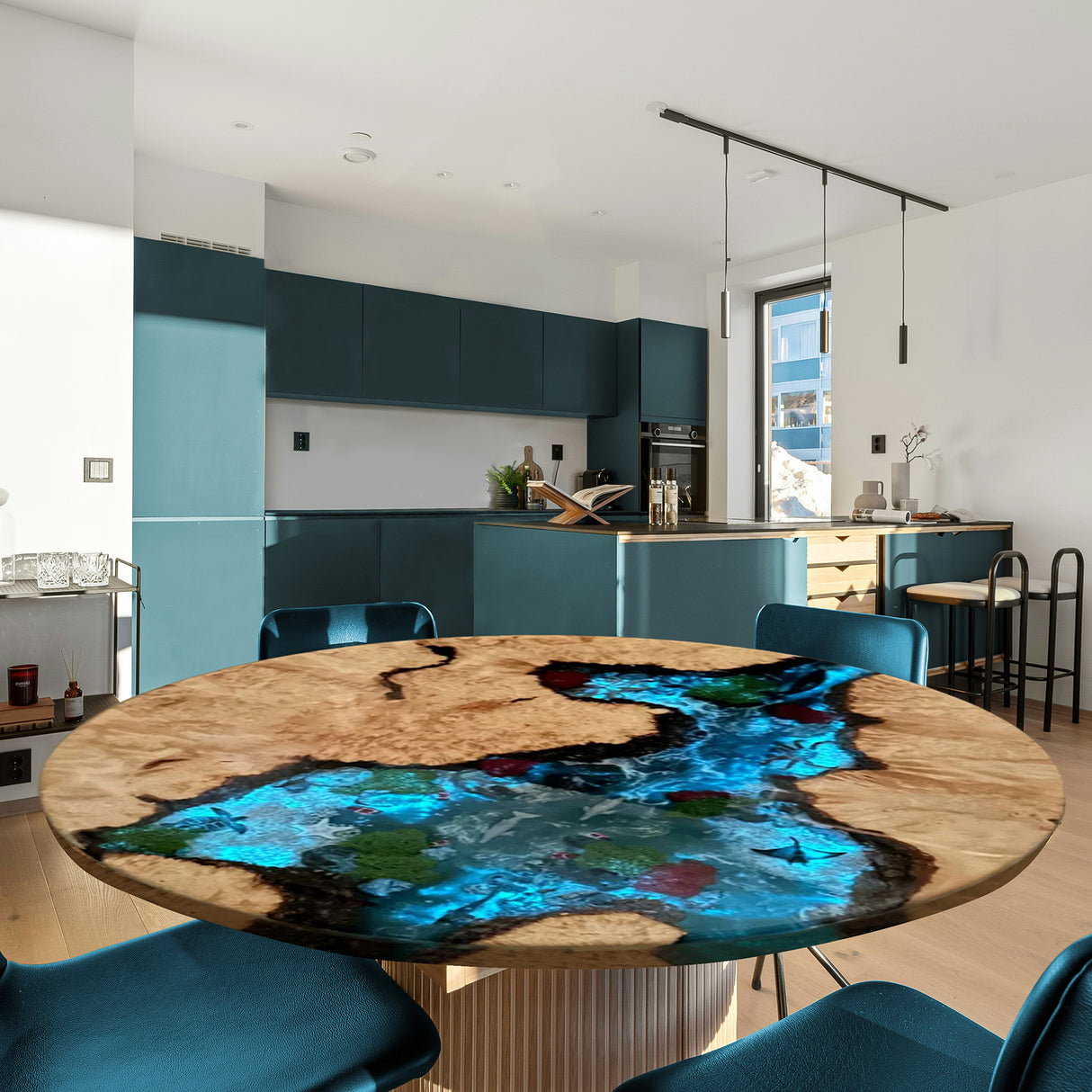 Elite Custom Poplar Wood and Blue Resin Ocean Round Table ECT-122
