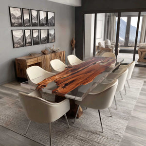 Elite Straight Live - Edge Black Walnut Dining Table with Transparent Resin 170.08''L×59.84''W, EIT-22