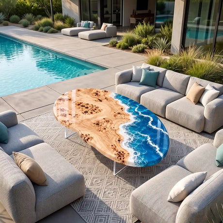 Custom Poplar Ocean Wave Epoxy Patio Table | ECT-421