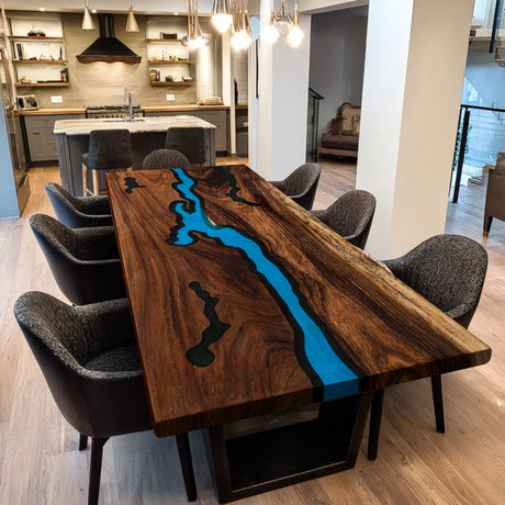 Elite Black Walnut Wood River Table with Blue and Black Epoxy Resin Inlay ECT-185