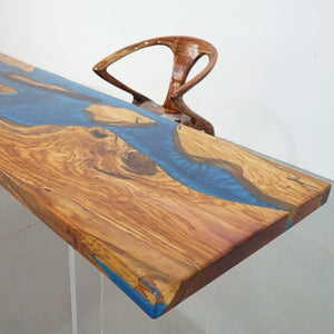 Elite Natural - Edge Olive Wood Bar Table with Irregular Blue Resin 84.25''L×20.08''W, EIT-34