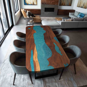 Elite Walnut Dining Table with Peacock Blue Resin Inlay 96.06‘’L×42.13''W, EIT-04
