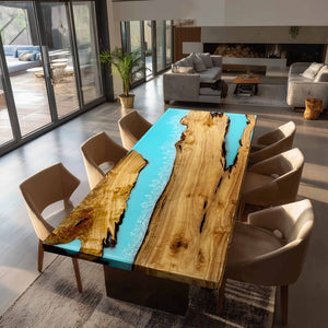 Elite Straight - Edge Golden Camphor Dining Table with Blue Wave Resin 80"L×47"W EIT-18