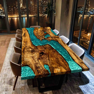 Elite Straight - Edge Golden Camphor Dining Table with Gradient Blue Resin Inlay 90.16''L×48.03''W, EIT-21