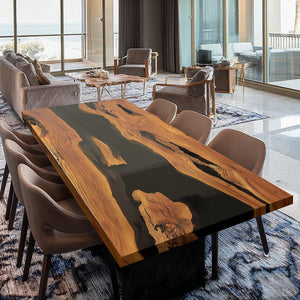 Elite Live - Edge Olive Wood Dining Table with Sleek Black Resin Inlay ECT-242