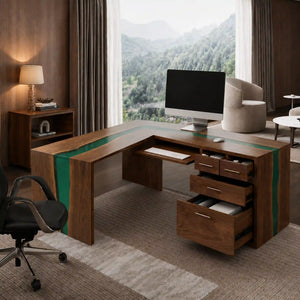 Black Walnut Green Epoxy L-Shaped Executive Office Desk with Storage | ECT-372
