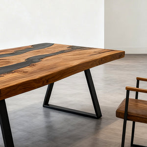 Elite Olive Wood Black Epoxy Rectangular Resin Dining Table – Natural Grain River Table ECT-264