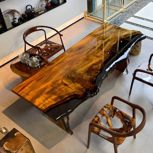 Elite Live Edge Golden Camphor Black Epoxy Resin Dining Table 38.58"Wx89.37"L, EIT-37