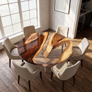 Custom Round Walnut Dining Table with Crystal Clear Epoxy Resin | ECT-323