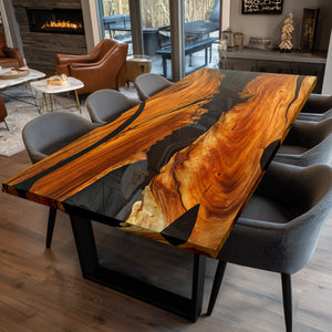 Elite Straight - Edge Walnut Dining Table with Pure Black Resin Inlay 96.06‘’L×48.03''W, EIT-03