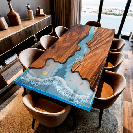 Elite Blue Resin Wave - Inlaid Walnut Wood Dining Table with Seashells ECT-09