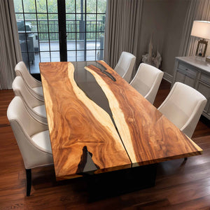 Elite Straight - Edge Walnut Dining Table with Semi - Transparent Black Resin 108"L×42"W, EIT-14