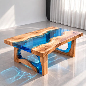 Custom Olive Blue Epoxy Resin Patio Coffee Table | ECT-417