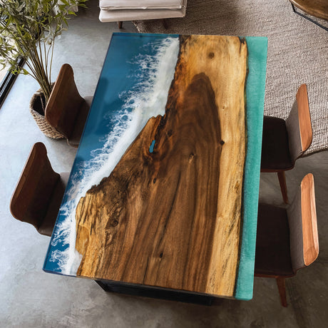 Elite Walnut Wood & Blue Ocean - Wave Epoxy Resin Dining Table ECT-12