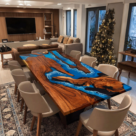 Elite Walnut Wood with Blue River Epoxy Resin Dining Table ECT-138