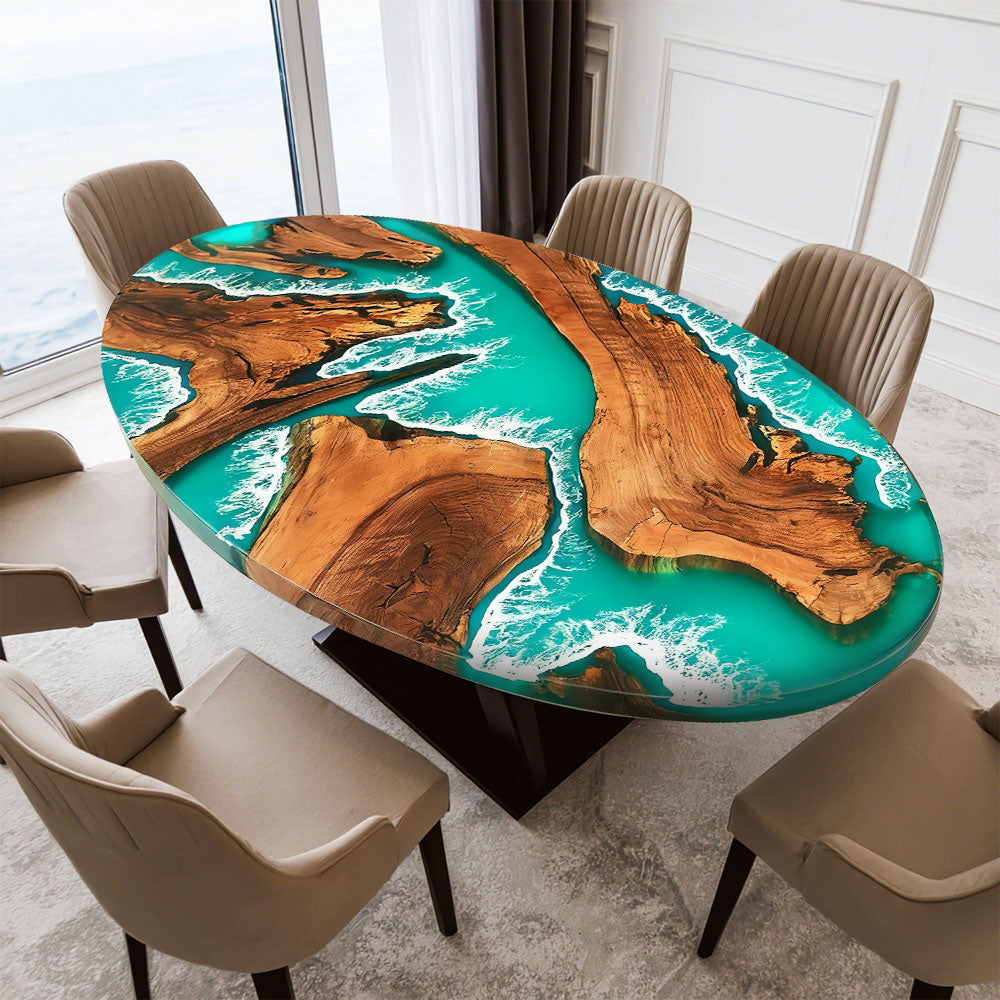 Elite Oval - Shaped Olive Wood Dining Table with Turquoise Ocean - Wave Resin Inlay ECT-136