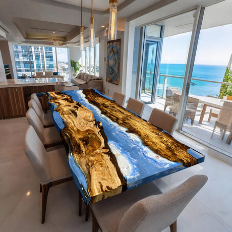 Elite Golden Camphor Wood & Coastal Beach Wave Epoxy Dining Table ECT-139
