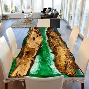 Elite Live - Edge Golden Camphor Wood Dining Table with Emerald Green Resin Inlay ECT-139
