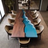 Elite Straight - Edge Black Walnut Dining Table with Ocean - Style Blue Resin Inlay ECT-238