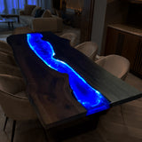 Elite Walnut Wood Blue Epoxy Resin River Dining Table with LED Light ECT-215