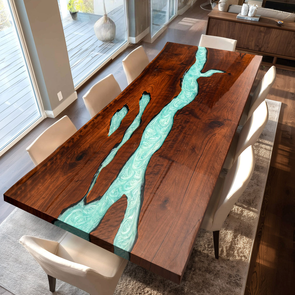Elite Black Walnut Wood with Mint Green Epoxy Resin Dining Table ECT-178