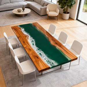 Elite Olive Wood Straight Edge Emerald Green Epoxy Rectangular Dinner Table ECT-252