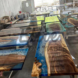 Elite Walnut Straight Edge Blue Ocean Epoxy Dinner Table with Marine Life Inlay ECT-250