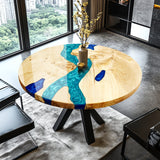 Elite Custom Poplar Wood and Blue-Green Resin Round Table ECT-82