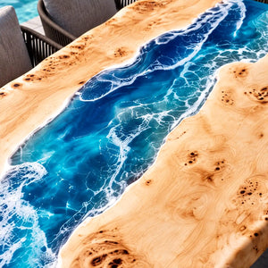 Custom Poplar Ocean Wave Epoxy Patio Dining Table | ECT-418