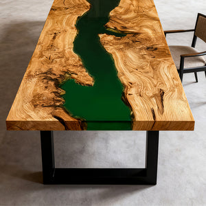 Elite Olive Wood Green Epoxy Rectangular Resin Dining Table – Artistic River Design ECT-270