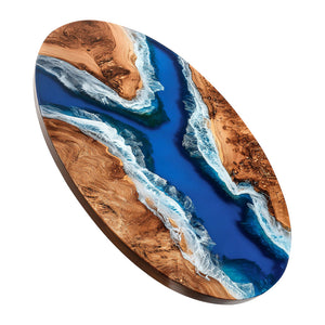 Elite Oval Golden Camphor Wood Dining Table with Majestic Ocean - Wave Resin Inlay ECT-247