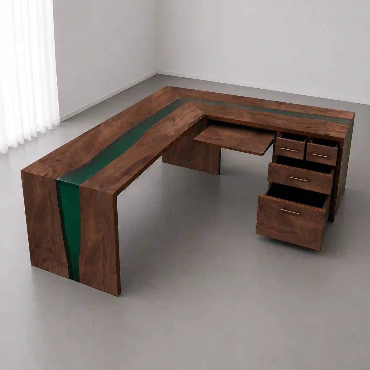 Black Walnut Green Epoxy L-Shaped Executive Office Desk with Storage | ECT-372