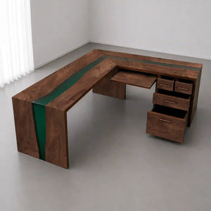 Black Walnut Green Epoxy L-Shaped Executive Office Desk with Storage | ECT-372