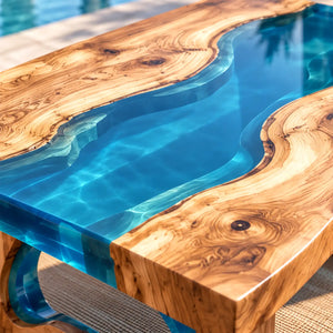 Custom Olive Blue Epoxy Resin Patio Coffee Table | ECT-417