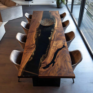 Elite Straight - Edge Black Walnut Dining Table with Deep Black Resin Inlay ECT-239
