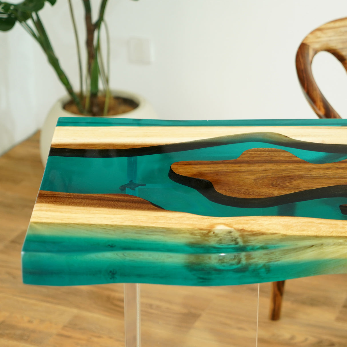 Elite Walnut Wood with Transparent Lake Green Epoxy Resin Dining Table ECT-177