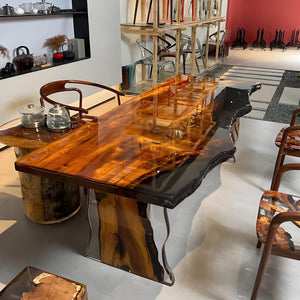 Elite Live Edge Golden Camphor Black Epoxy Resin Dining Table 38.58"Wx89.37"L, EIT-37