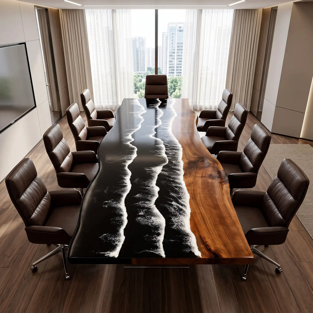Custom Black Walnut Black Ocean Wave Epoxy Conference Table | ECT-424