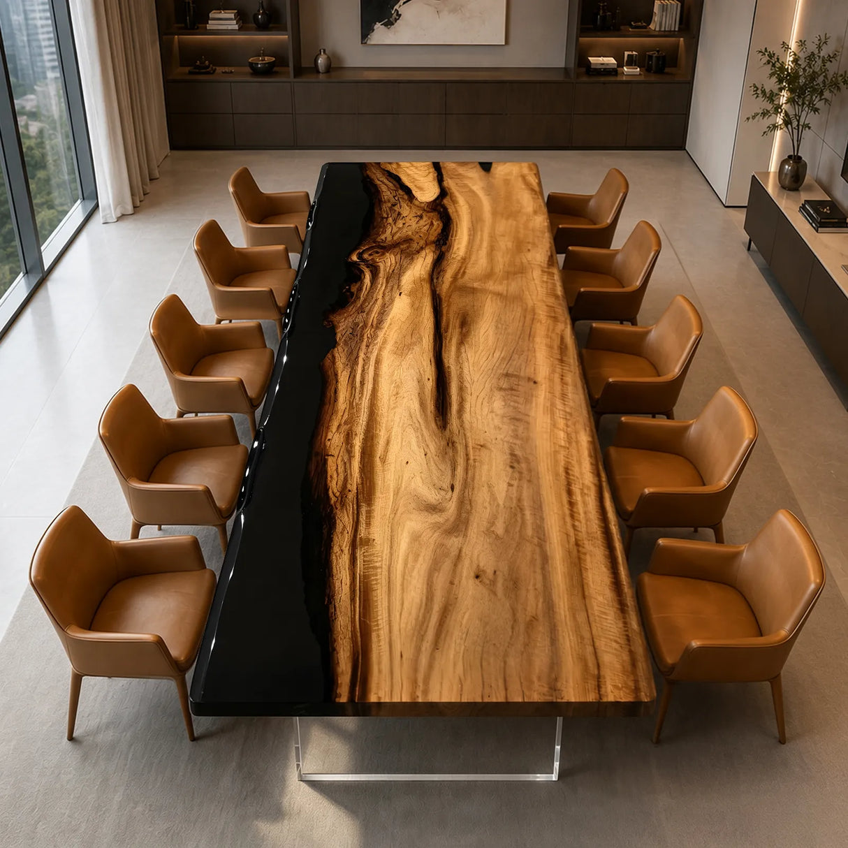 Custom Straight Edge Olive Wood Black Epoxy Resin Conference Table | ECT-401
