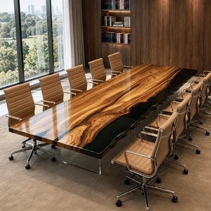 Custom Straight Edge Olive Wood Black Epoxy Resin Conference Table | ECT-401